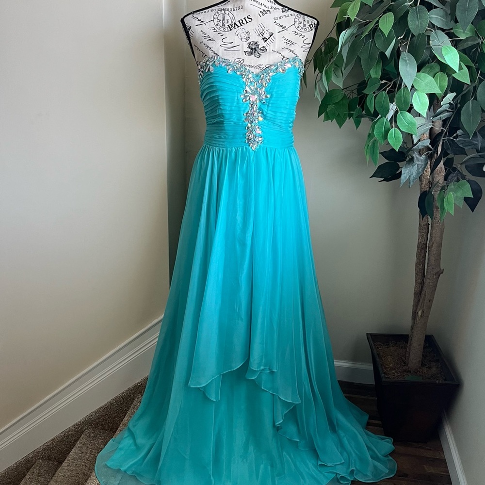 EVA USA Strapless Embellished Floor Length Gown Turquoise Sz M